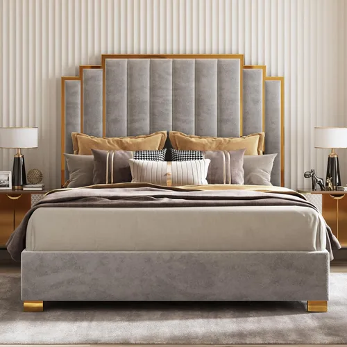Miniatura 10 de AMERLIFE Cama tapizada tamaño Queen, marco de cama de terciopelo moderno con cabecera de ribete dorado de 61.4 pulgadas de alto, no necesita somier