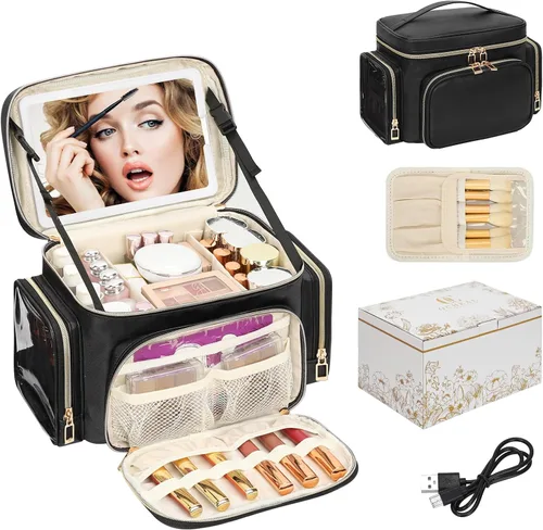 Miniatura 18 de Bagmoly Bolsa de maquillaje grande, organizador portátil de maquillaje para mujeres y niñas con compartimento para brochas de maquillaje y dos