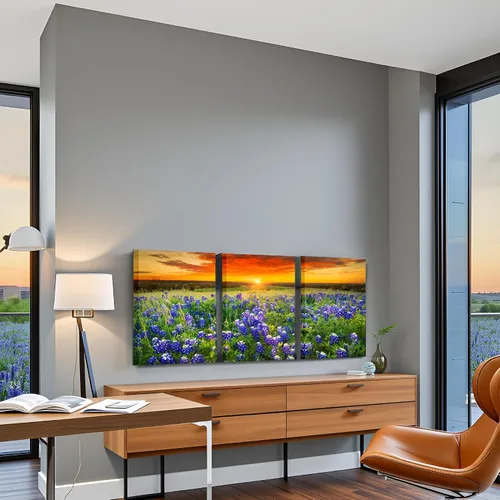 Miniatura 3 de Nachic Wall Cuadro de 3 piezas de puesta de sol para pared, hermoso campo de arándanos de Texas, pintura fotográfica sobre lienzo, póster de paisaje