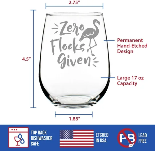 Miniatura 4 de Zero Flocks Given - Divertida copa de vino sin tallo de flamenco, grande de 17 onzas, refranes grabados, caja de regalo