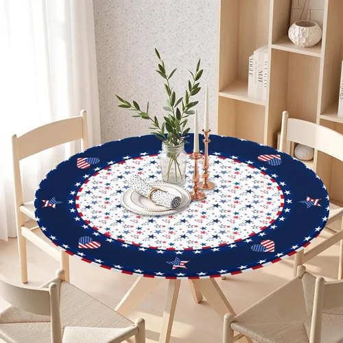 Miniatura 8 de Mantel redondo ajustable para el 4 de julio con borde elástico, impermeable, lavable, azul, rojo, blanco, estrella, patriótica, independencia, Día