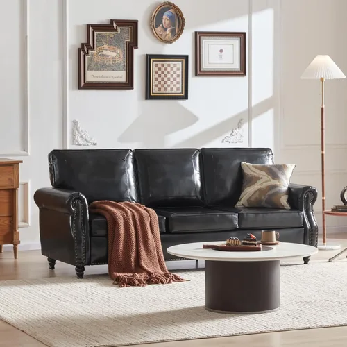 WILLOVE Sofás de Cuero Sintético de 79'' para Sala de Estar, Sofás Modernos de Mediados de Siglo con Brazos Curvos y Ribete de Tachuelas para