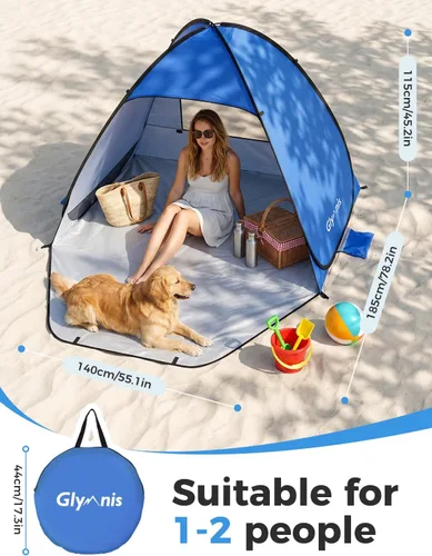 Miniatura 2 de Glymnis Tienda de campaña de playa desplegable para 1-4 personas, refugio solar UPF 50+ con cremallera para puerta, portátil, fácil de poner