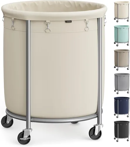 Miniatura 10 de Songmics – Cesta de lavandería de 29 galones (110 L) con ruedas, carrito rodante resistente redondo con marco de acero y bolsa extraíble, 2 ruedas