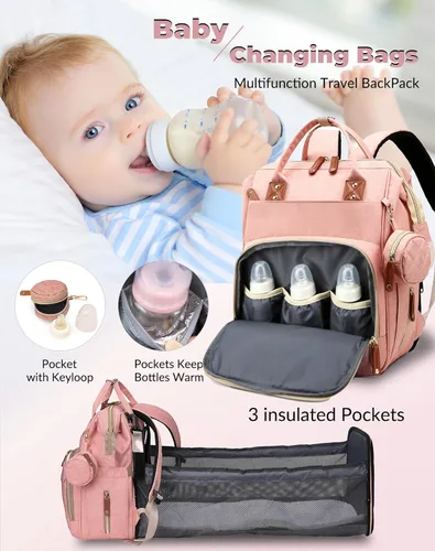 Miniatura 2 de Bolsa de pañales con cambiador, mochila impermeable 3 en 1 para pañales para bebé con cambiador plegable, mochila de viaje grande para bebé, niña