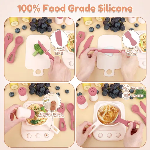 Miniatura 2 de TYRY.HU 11 piezas de juguetes de cocina para niños sin BPA, juegos de comida de silicona, juguetes de cocina con ollas y sartenes, juguetes de Rosa