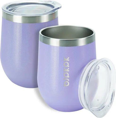 Miniatura 12 de BJPKPK 2 vasos de vino aislados de 12 onzas, tazas de café al vacío de doble pared de 12 onzas con tapa, vasos de vino de acero inoxidable A-verde