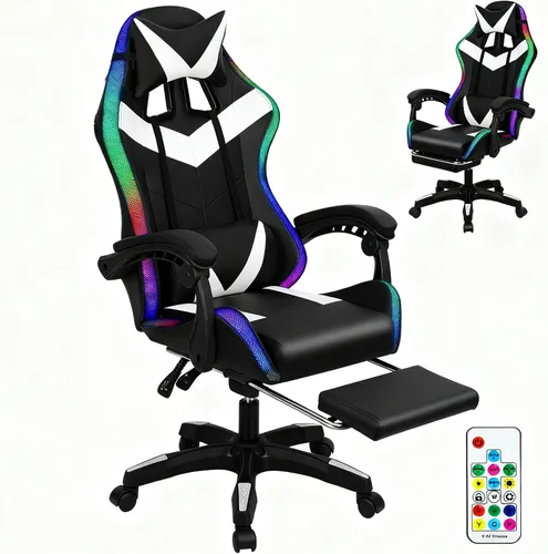 Miniatura 10 de Silla de juegos con altavoces Bluetooth y luces LED, silla ergonómica de masaje para computadora, altura ajustable, silla de videojuegos con asiento