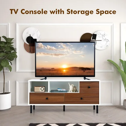 Miniatura 2 de GOFLAME Soporte de TV para TV de hasta 50 pulgadas, moderno centro de entretenimiento con 3 cajones y 2 estantes de almacenamiento abiertos, mueble