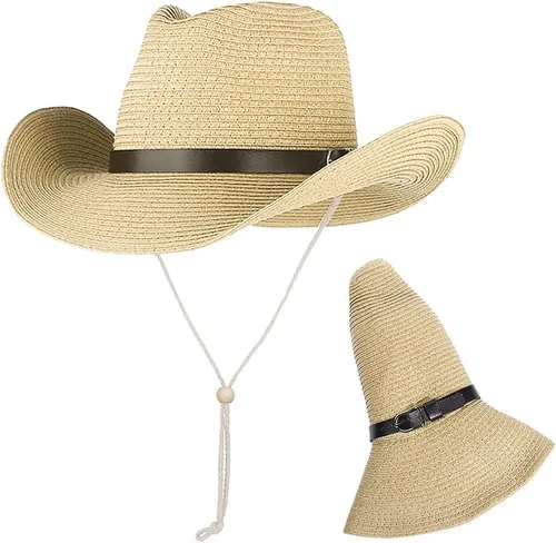 Miniatura 16 de Sombrero de vaquero de paja para hombres y mujeres, sombrero de sol de ala ancha, sombrero de vaquera Panamá con correa para la barbilla, sombrero