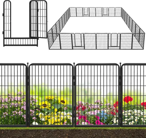 Miniatura 15 de Valla decorativa de metal negro para jardín con puerta, 82 pies de largo, 32 pulgadas de alto, 36 paneles de valla sin excavación, valla de barrera