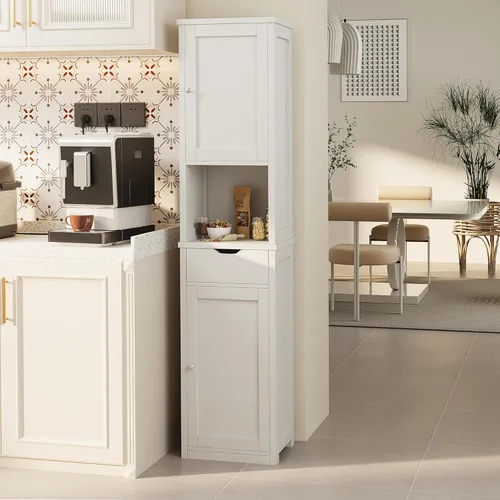 Miniatura 7 de Shintenchi Armario de almacenamiento alto para baño, gabinete de piso delgado de esquina con puertas y cajón, organizador de baño estrecho Blanco