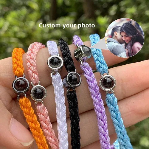 Miniatura 4 de guk Pulsera de proyección de fotos personalizada, ajustable, pulsera de fotos circular personalizada con texto en inglés "I Love You", pulsera
