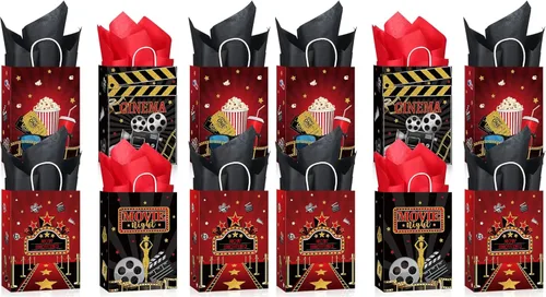 Miniatura 7 de Funrous 24 bolsas de fiesta nocturna de película con papel de seda, bolsas de recuerdo de película con asas, regalo de regalo para niños