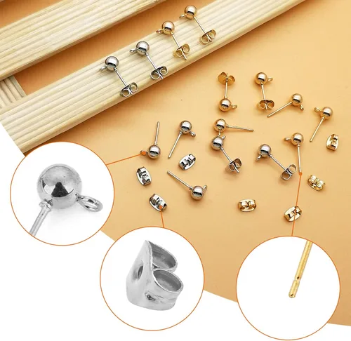 Miniatura 4 de Juego de 700 aretes de bola para hacer joyas, 300 aretes de bola, aretes de bola con lazo con 400 aretes de mariposa de repuesto para hacer joyas