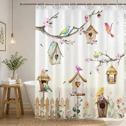 Lindameler Cortina de ducha vintage de primavera para baño, diseño de flores, rústico, impermeable, decoración de baño con 12 ganchos, 72 x 72