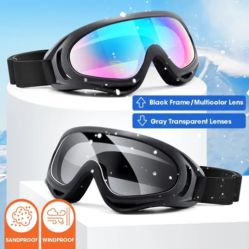 Miniatura 2 de MAMBAOUT Paquete de 2 gafas de esquí de nieve, gafas de snowboard para hombres, mujeres, jóvenes, niños, niños o niñas 02. Lentes multicolor +