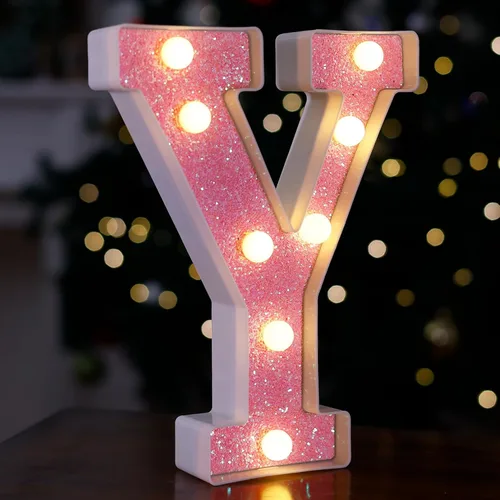 Miniatura 33 de Letras con luces LED, letras de marquesina con brillantina rosa, letras del alfabeto, letreros iluminados por pilas, para decoración de fiestas