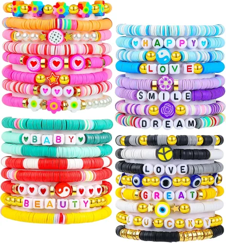 Miniatura 8 de LUYI 32 piezas de pulseras de joyería preppy para mujer, cuentas de arcilla, coloridas, pulseras heishi estilo surfista, conjunto de pulseras