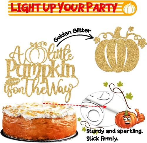 Miniatura 3 de Decoración para tartas con purpurina dorada "A Little Pumpkin is on the Way", dulce calabaza/calabaza Oh Baby/Little Pumpkin, decoración de fiesta
