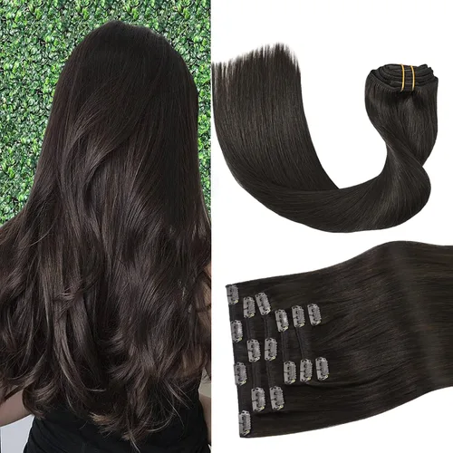 Aison Extensiones de cabello humano real con clip, color marrón oscuro, 2.47 onzas, cabello humano Remy, 12 pulgadas, para mujeres, 7 unidades, 16