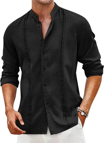 Miniatura 6 de Camisa de manga larga para hombre, sin cuello, ligera, transpirable, Guayabera Cuba camisa con botones para la playa Azul-cielo