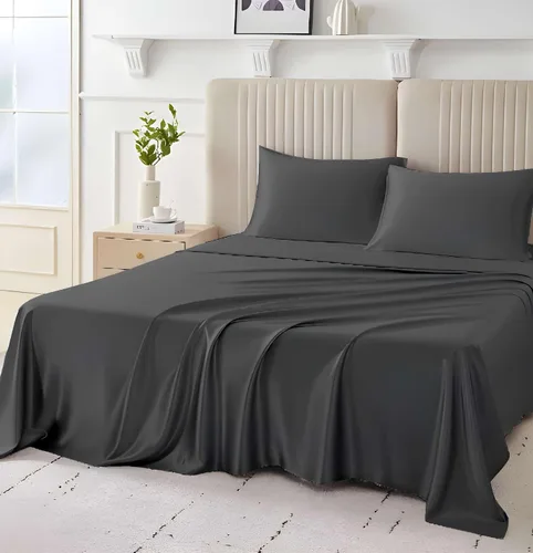 SlumberWell Giza Sheets Twin - Sábanas de 100% algodón egipcio Giza - Juego de 4 piezas - Tamaño individual - Gris oscuro sólido