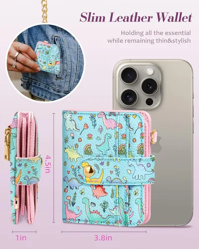 Miniatura 2 de Bistup Cartera para Mujeres Pequeña y Bonita Cartera de Tarjetas de Cuero Genuino RFID con Llavero para Damas Adolescentes Niñas Plegable