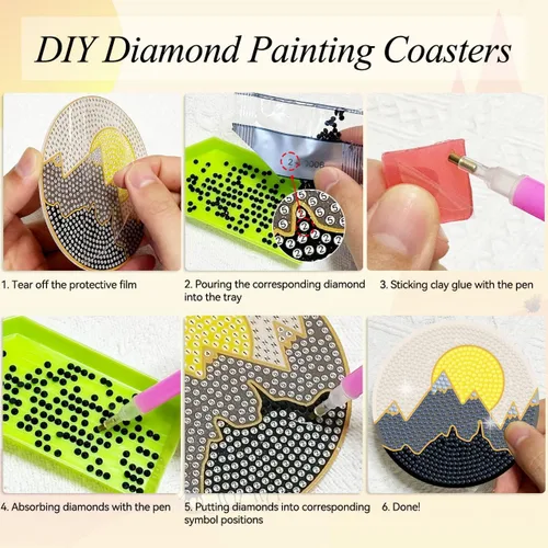 Miniatura 4 de Vcekract Posavasos de Pintura de Diamante, Juego de 6 Posavasos de Pintura de Diamante de Paisaje Abstracto con Soporte, Kits de Arte de Diamante