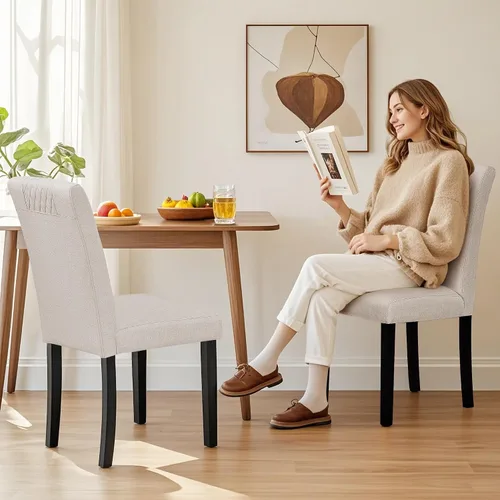 Miniatura 4 de VECELO Juego de 2 sillas de comedor, patas de madera tapizadas de tela con respaldo alto para cocina, sala de estar, color beige
