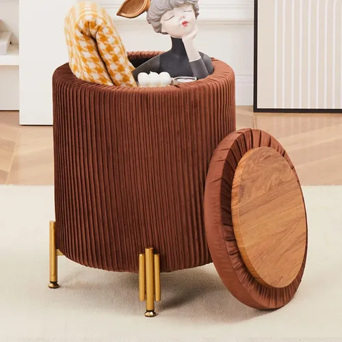 Miniatura 13 de Otomana Redonda Reposapiés con Almacenamiento y Patas de Metal para Sala de Estar y Dormitorio, Reposapiés Tapizado de Terciopelo Soporta 300 libras