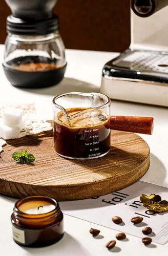 Miniatura 6 de Taza medidora de café expreso y vaso de chupito de espresso con mango de madera y boquilla doble como accesorios para café, leche y salsa de miel