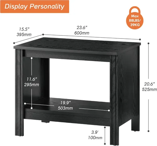 Miniatura 2 de WAMPAT Mesa auxiliar pequeña cuadrada para sala de estar, mesita de noche de madera de 2 niveles con estante de almacenamiento para dormitorio, Negro