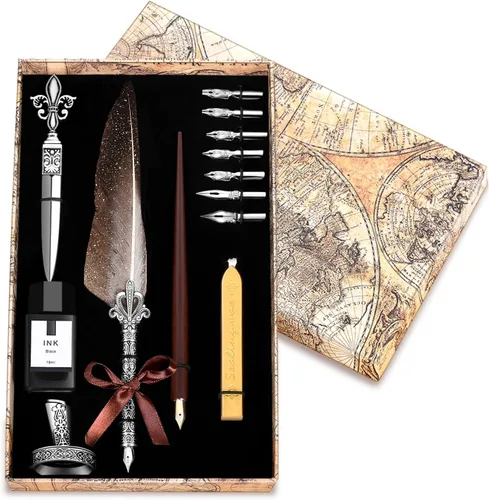 Juego de tinta vintage de pluma, bolígrafos de plumas con bolígrafo de caligrafía de madera, incluye 7 tamaños diferentes de plumas, juego de