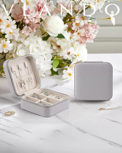 Miniatura 50 de Vlando Regalos de boda – Organizador de viaje de joyería pequeña de piel sintética, estuche de viaje para anillo, mini joyero para aretes, collar