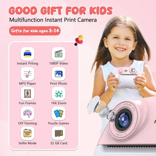 Miniatura 2 de Cámara para niños con impresión instantánea 1080P frontal y trasera dual selfie – Cámaras para niños pequeños con videojuegos digitales, 32 GB y Rosa