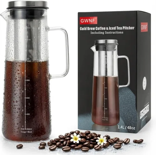 Cafetera de café frío y tetera de té helado, jarra de infusión fría de 1.4L/48oz, jarra de vidrio de borosilicato con filtro de acero inoxidable,