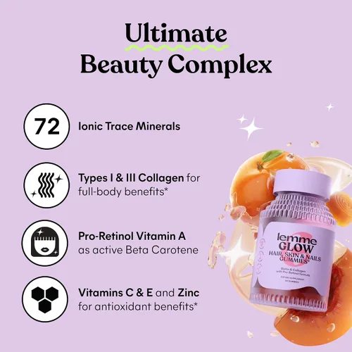 Miniatura 4 de Lemme Gomitas de colágeno Glow para cabello grueso, uñas fuertes y piel saludable con péptidos de colágeno múltiple, biotina, oligoelementos, zinc