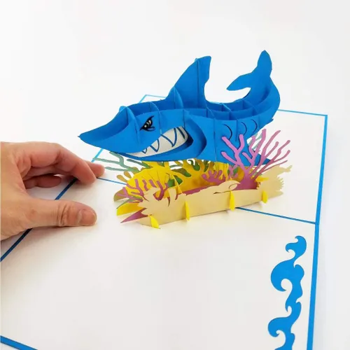 Miniatura 5 de Tarjeta desplegable de tiburón blanco, tarjeta de felicitación emergente 3D – Tarjeta desplegable de cumpleaños en el océano, felicitaciones
