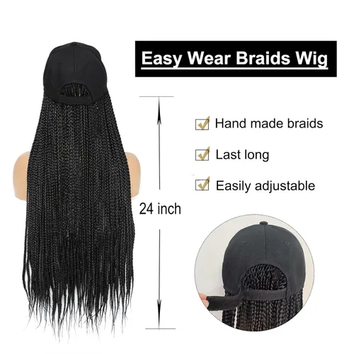 Miniatura 4 de Gorra con peluca para mujeres con gorra de béisbol y cabello trenzado adjunto, peluca de trenzas negras sintéticas, gorra ajustable con trenzas