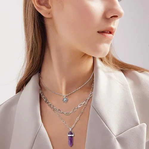Miniatura 2 de MJartoria Collar de pentagrama de luna, collar de chakra de cristal, colgante, con dije, cadena de aleación multicapa, conjunto de gargantilla