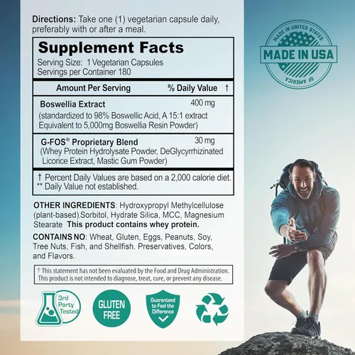 Miniatura 4 de NANOWELL Boswellia Serrata con G-FOS - 98% de ácido boswélico - Apoya la salud de las articulaciones y la movilidad - 180 cápsulas veganas