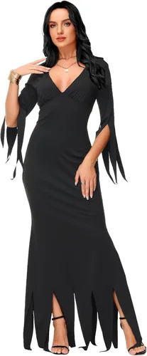Miniatura 6 de AOBUTE Disfraz de Morticia de Halloween para mujer, vestido largo ajustado con cuello en V