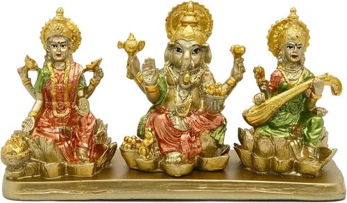 alikiki Estatua hindú de Lakshmi Ganesha Saraswati – Ídolo de Laxmi Ganesh para decoración del tablero del automóvil, templo mandir Pooja, artículo