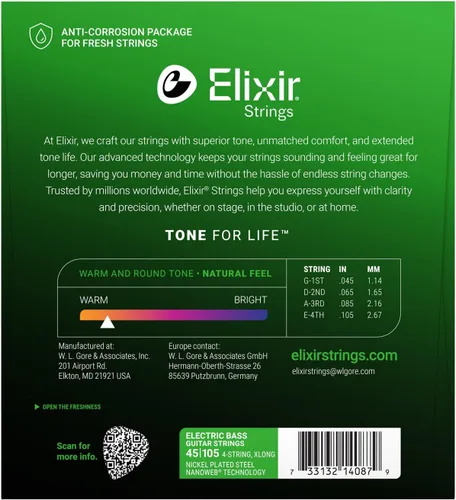 Miniatura 2 de Elixir - cuerdas chapadas en níquel, 4 cuerdas para bajo con recubrimiento nanoweb, muy livianas, escala larga (.040-.095), blanco negro rojo azul