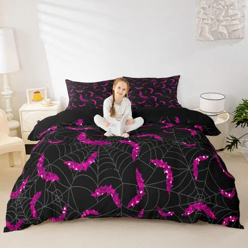 Miniatura 18 de Lindo juego de funda de edredón de fantasma, tamaño individual para niños y niñas, juego de ropa de cama de calabaza y calavera de azúcar, funda