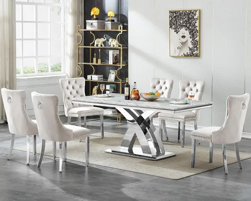 Miniatura 32 de Juego de mesa de comedor de 7 piezas con sillas, mesa de comedor de mármol sintético y sillas beige para 6, juego de mesa de comedor de oro blanco