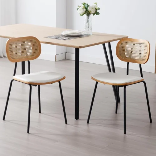Ya-Home Mid-Century - Juego de 2 sillas de comedor con respaldo de caña de ratán, asiento tapizado de piel sintética, patas de metal negro, sillas