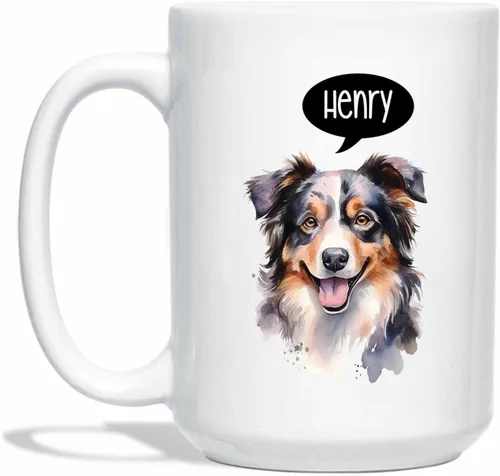 Taza de café de perro de pastor australiano, taza de café personalizada para mascotas con nombre, regalo conmemorativo para mascotas para papá