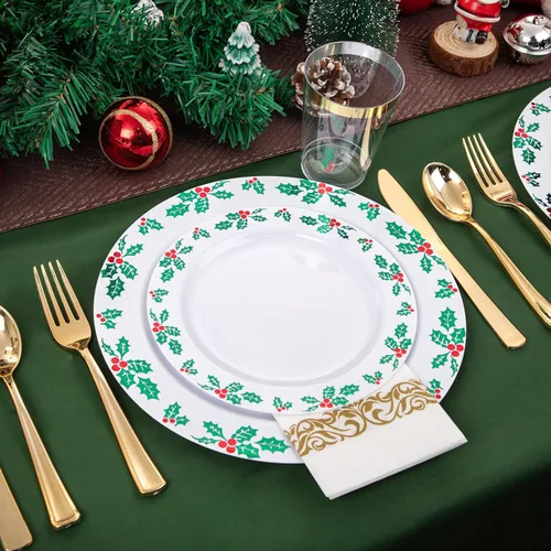 Miniatura 4 de FLOWERCAT Juego de 175 piezas de platos de Navidad y platos de bayas de acebo - Platos desechables de Navidad Incluyen 50 platos de plástico